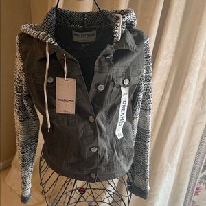 Wallflower Olive Green Hooded Jean Jacket with Black & White Knit Sleeves